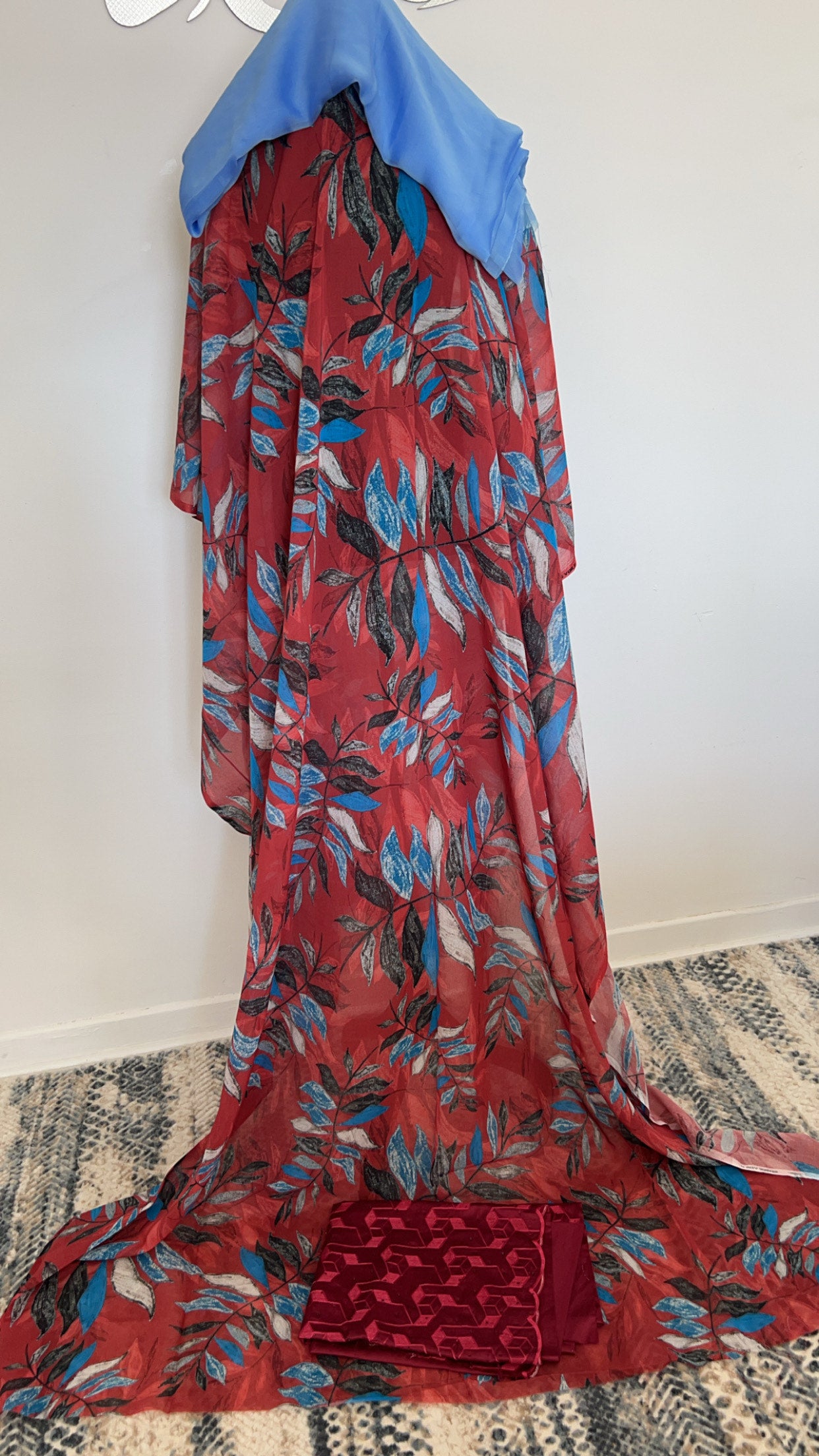 Beautiful swiss dirac set Free siz. full bac with blue chiffon garbasaar and cherry red gogora