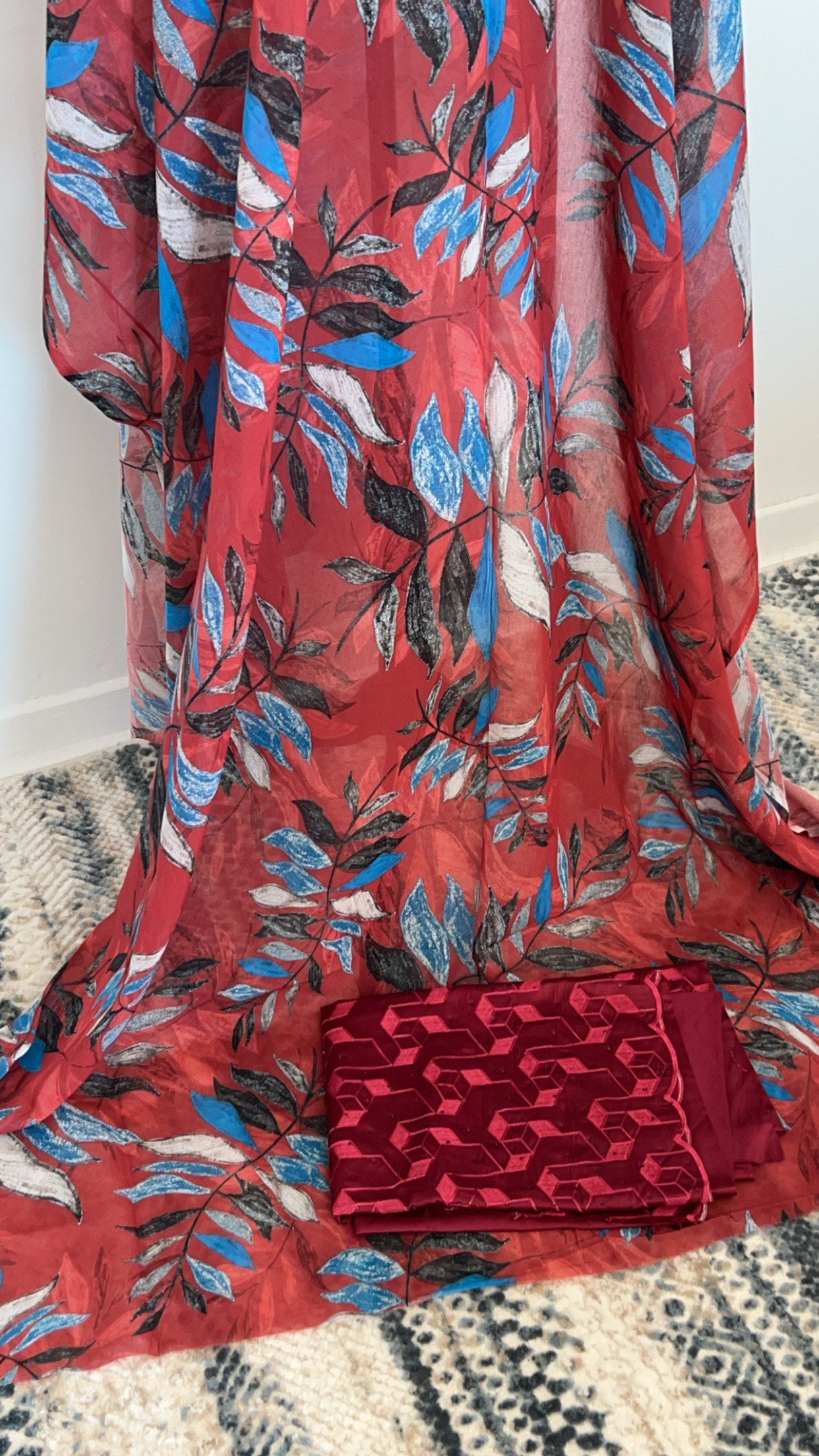 Beautiful swiss dirac set Free siz. full bac with blue chiffon garbasaar and cherry red gogora