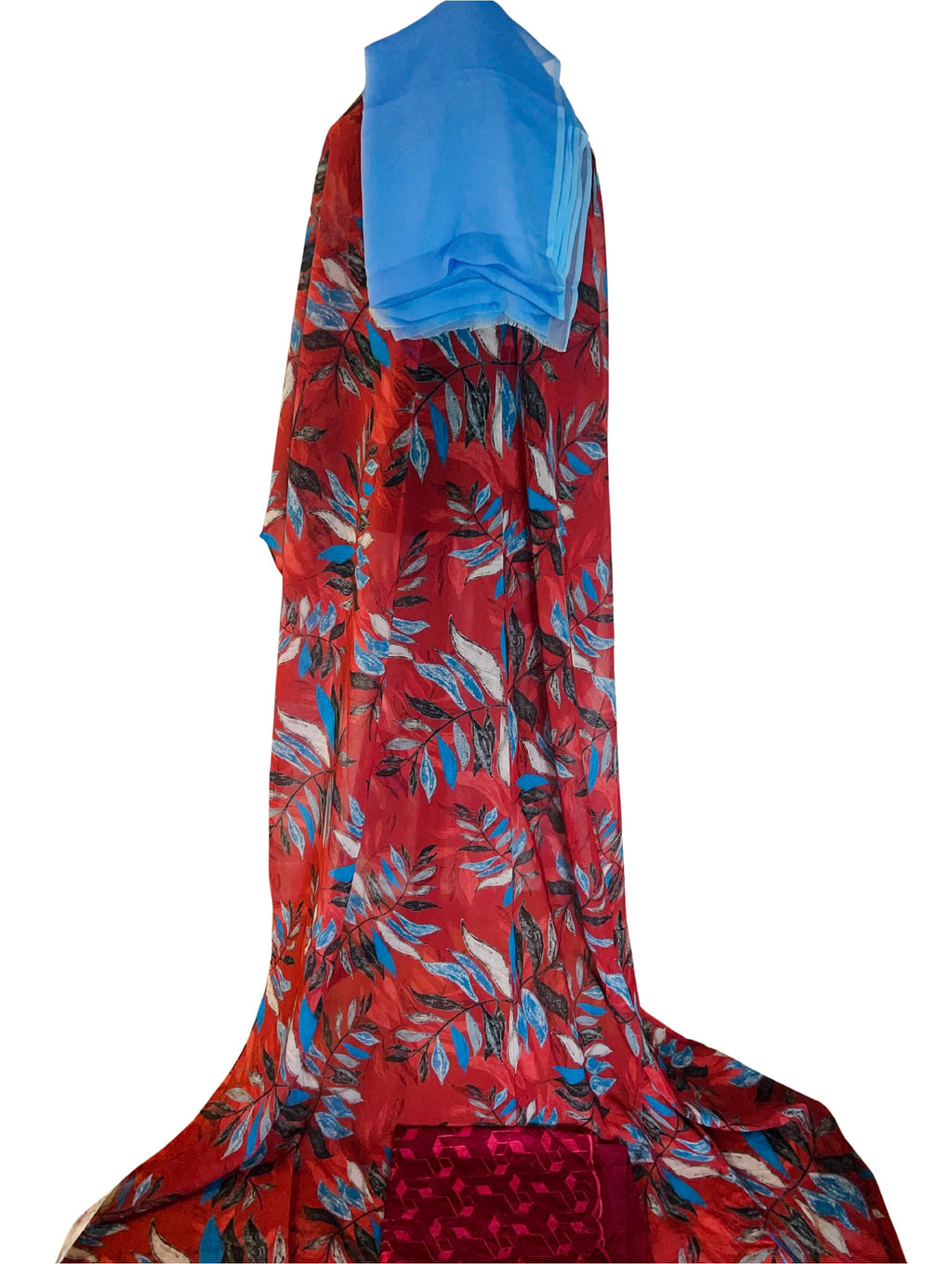 Beautiful swiss dirac set Free siz. full bac with blue chiffon garbasaar and cherry red gogora