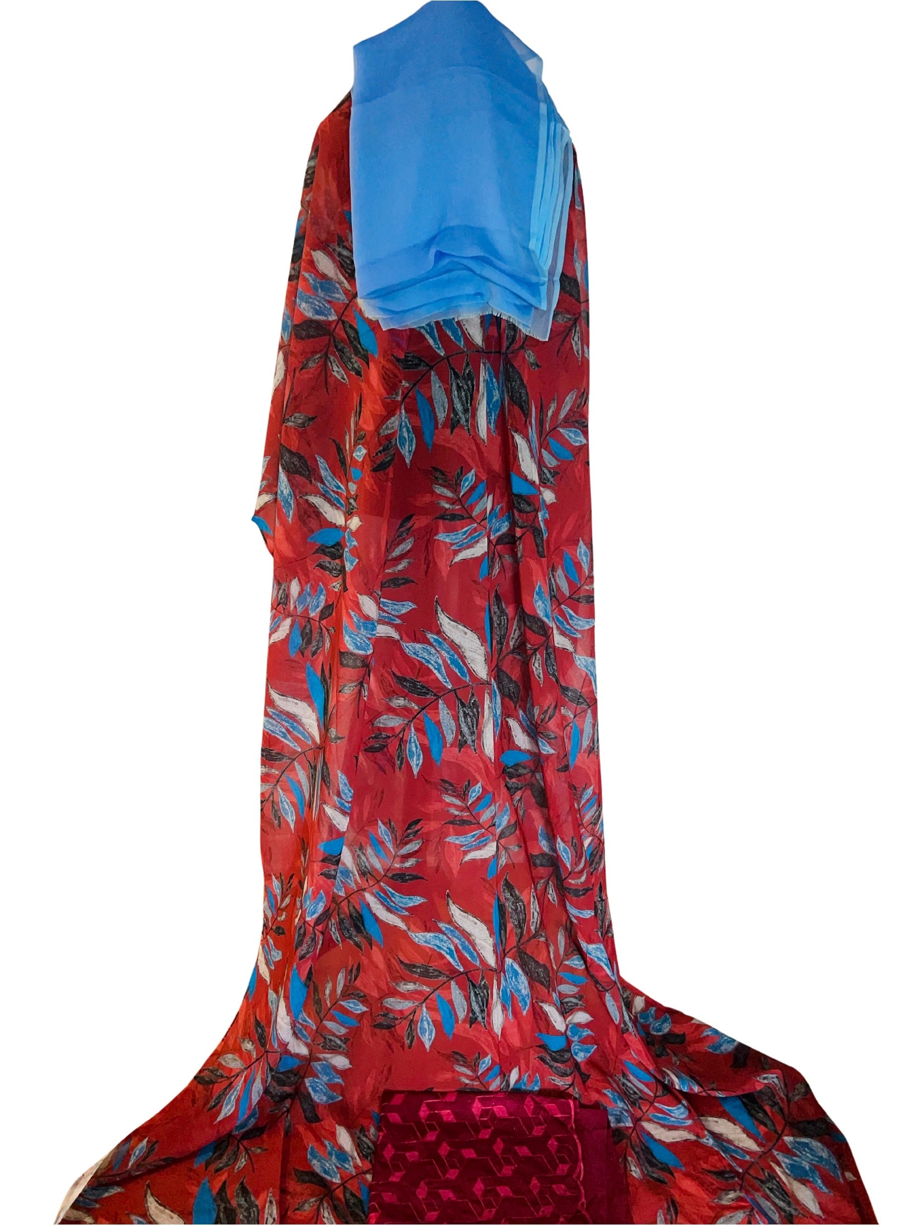 Beautiful swiss dirac set Free siz. full bac with blue chiffon garbasaar and cherry red gogora