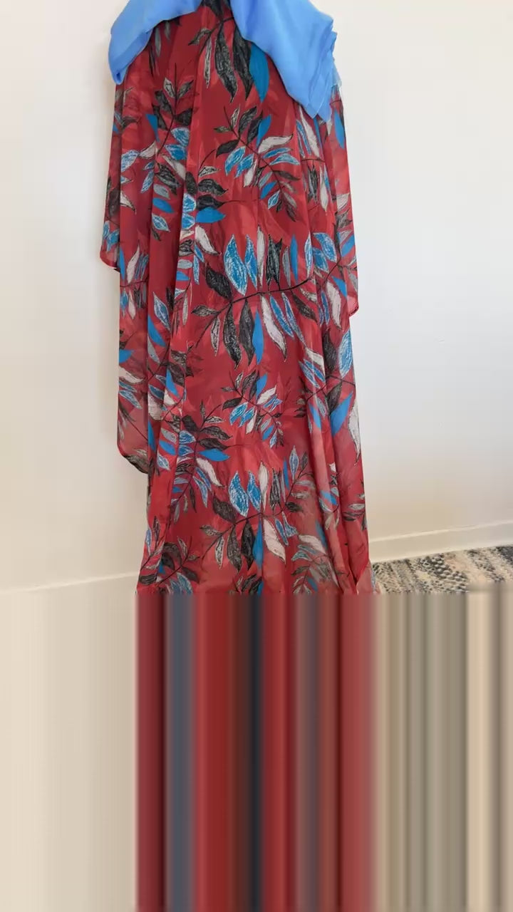 Beautiful swiss dirac set Free siz. full bac with blue chiffon garbasaar and cherry red gogora